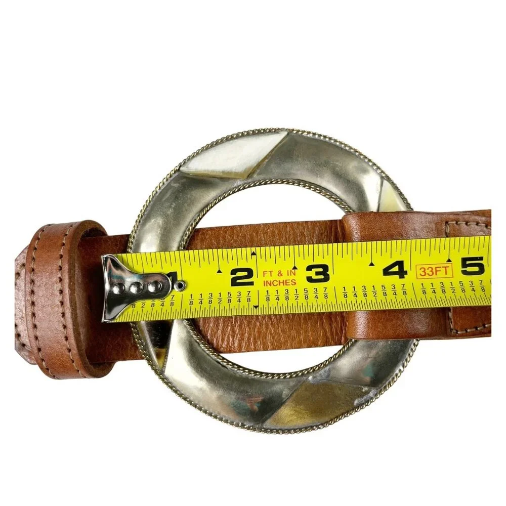 Chico's Genuine Leather Belt Size Medium Tan Statement Buckle Boho Cowgirl